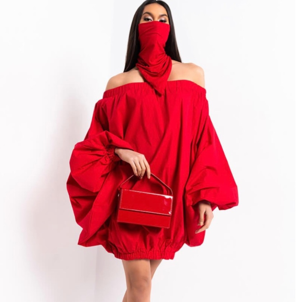 Off-Shoulder Red Balloon Sleeve Mini Dress